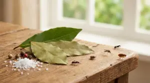 Foglie di alloro su un tavolo con formiche, zanzara, zecca e pulce, rimedio naturale contro gli insetti