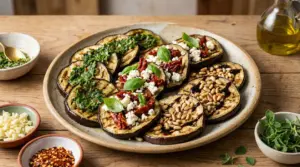 Melanzane grigliate in un piatto con erbe aromatiche, feta e pomodori secchi, pinoli e glassa di aceto balsamico