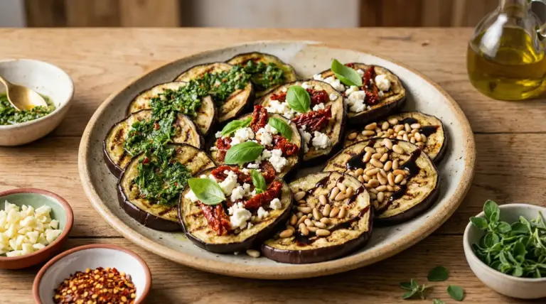 Melanzane grigliate in un piatto con erbe aromatiche, feta e pomodori secchi, pinoli e glassa di aceto balsamico
