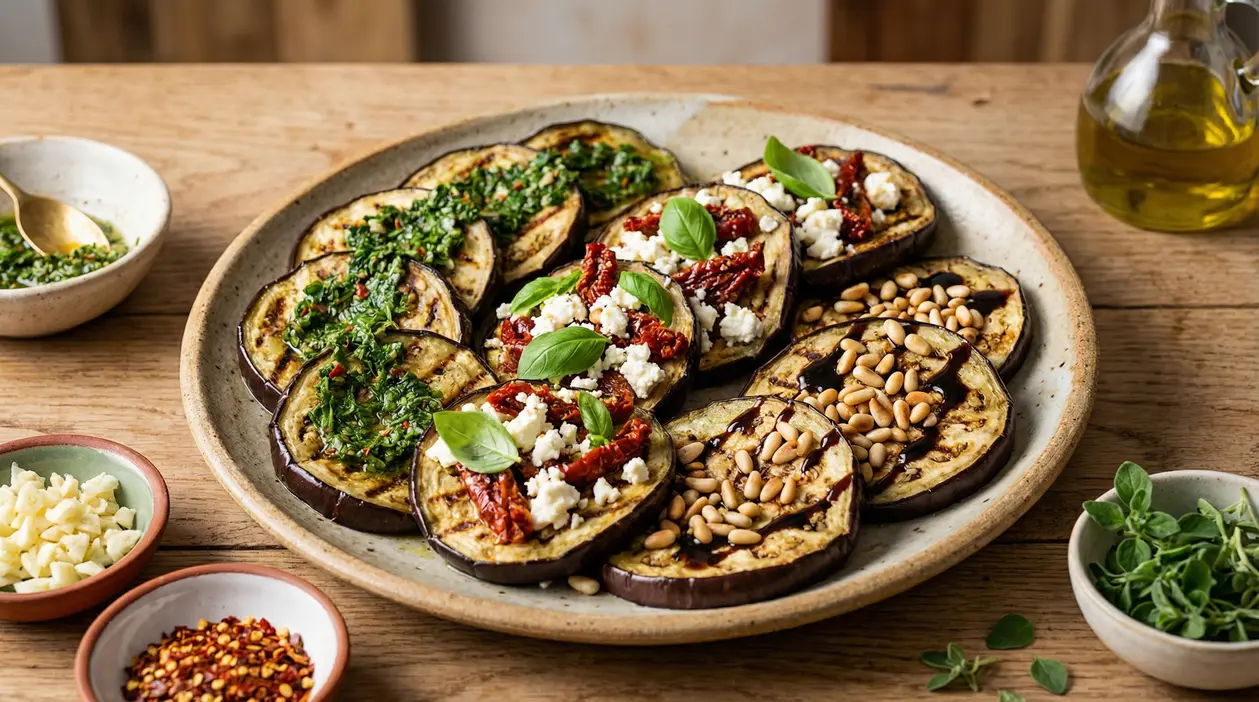 Melanzane grigliate in un piatto con erbe aromatiche, feta e pomodori secchi, pinoli e glassa di aceto balsamico