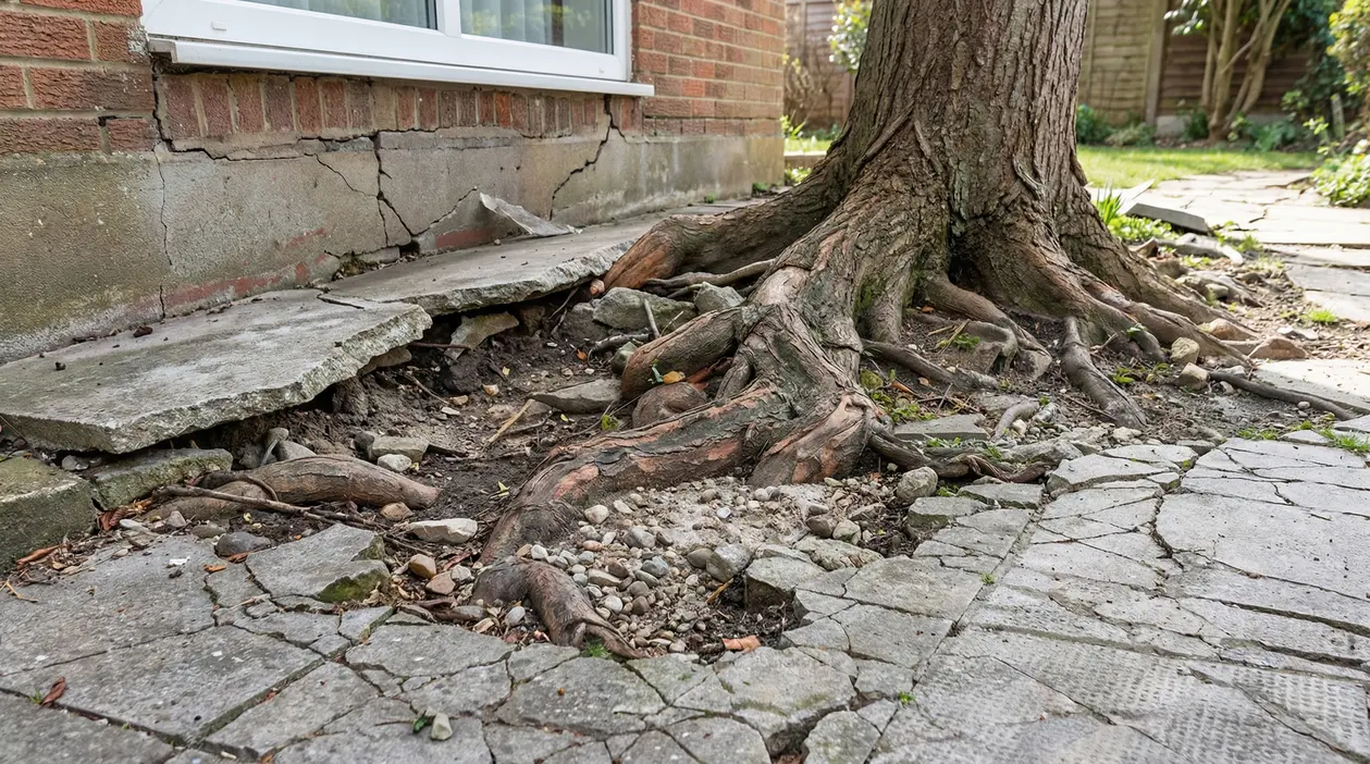 Radici di un grande albero che sollevano il pavimento e creano crepe nelle fondamenta di una casa