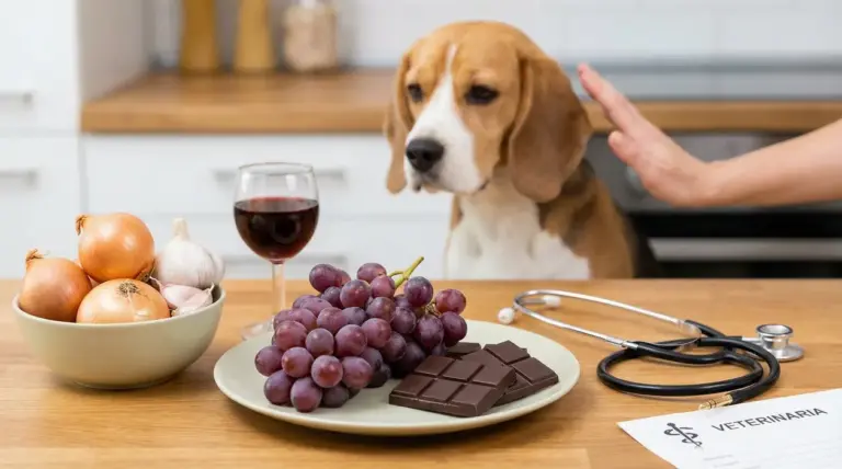 Cane davanti a uva, cioccolato, cipolle, aglio e vino mentre una mano lo ferma in cucina