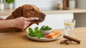 Persona che pulisce i denti di un cane con spazzolino da dito accanto a erbe aromatiche e snack naturali