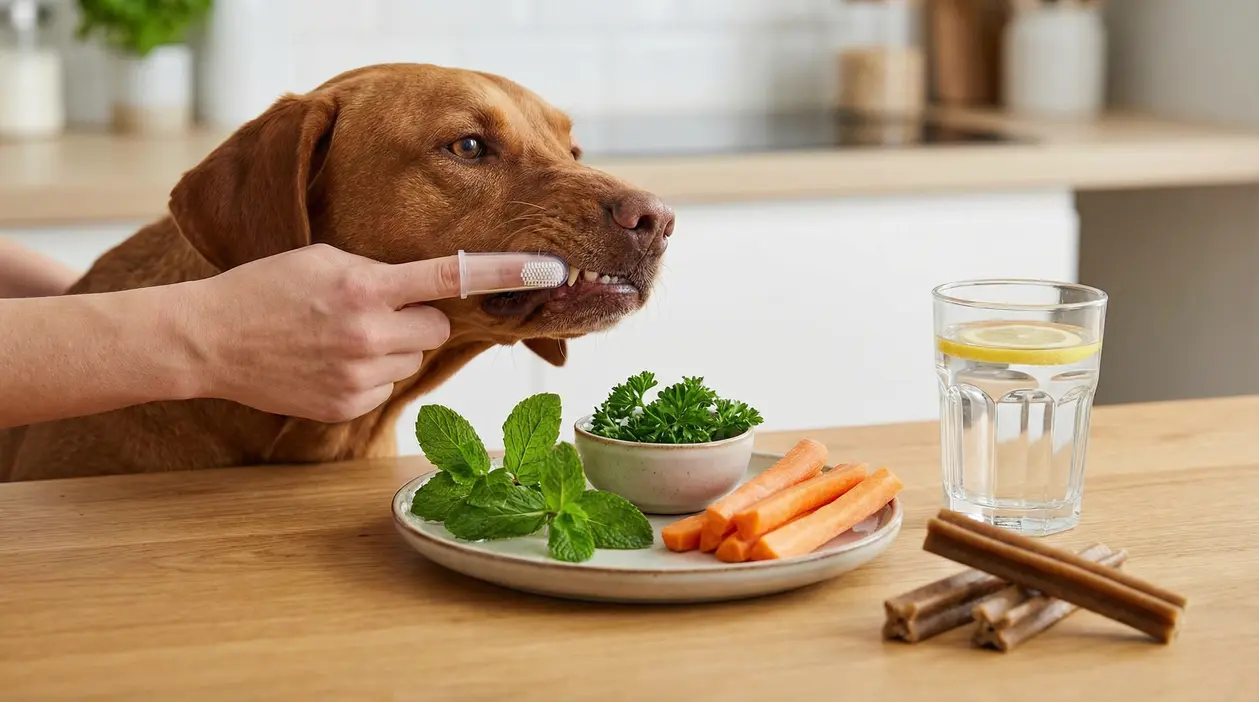 Persona che pulisce i denti di un cane con spazzolino da dito accanto a erbe aromatiche e snack naturali