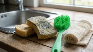 Spugna per piatti usurata accanto a una spazzola in silicone e un panno in cucina vicino al lavello