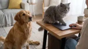 Cane e gatto in salotto cercano attenzione mentre una persona usa il laptop al tavolo