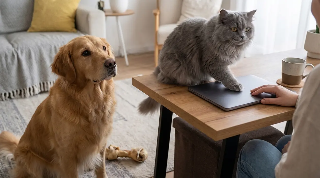 Cane e gatto in salotto cercano attenzione mentre una persona usa il laptop al tavolo