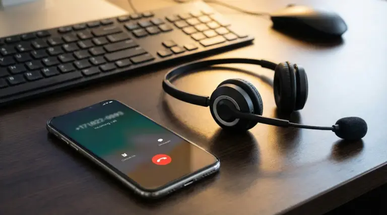 Scrivania con smartphone che mostra una chiamata in arrivo, cuffie con microfono e tastiera, tema call center e truffe telefoniche
