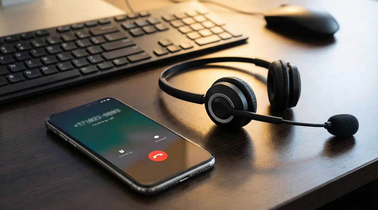 Scrivania con smartphone che mostra una chiamata in arrivo, cuffie con microfono e tastiera, tema call center e truffe telefoniche