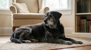 Cane anziano sdraiato sul tappeto in salotto, simbolo dei cambiamenti di comportamento con l’età