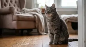 Gatto grigio seduto sul pavimento di casa, attento e immobile, in un ambiente domestico luminoso