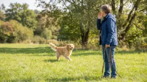 Persona richiama un cane in un prato durante un esercizio di richiamo all’aperto