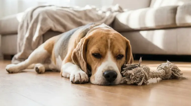 Cane sdraiato sul pavimento accanto a un gioco di corda, con espressione annoiata in salotto