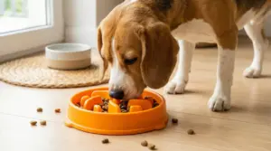 Cane che mangia crocchette da una ciotola antisinghiozzo arancione in casa