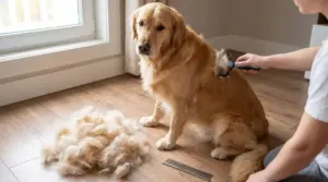 Cane golden retriever spazzolato in casa con molto pelo perso sul pavimento