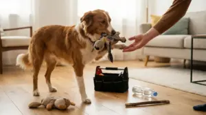 Cane in casa porge un giocattolo a una persona, mostrando il comportamento di portare oggetti