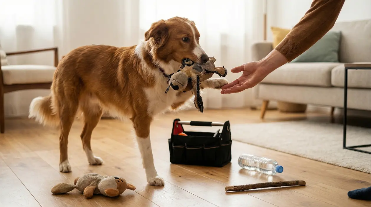Cane in casa porge un giocattolo a una persona, mostrando il comportamento di portare oggetti