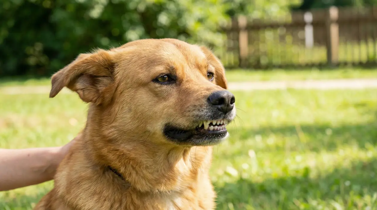 Cane marrone che ringhia leggermente in giardino mentre una persona lo accarezza