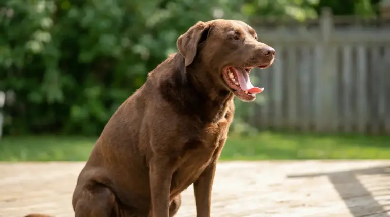Cane marrone seduto all’aperto mentre sbadiglia, in un giardino soleggiato