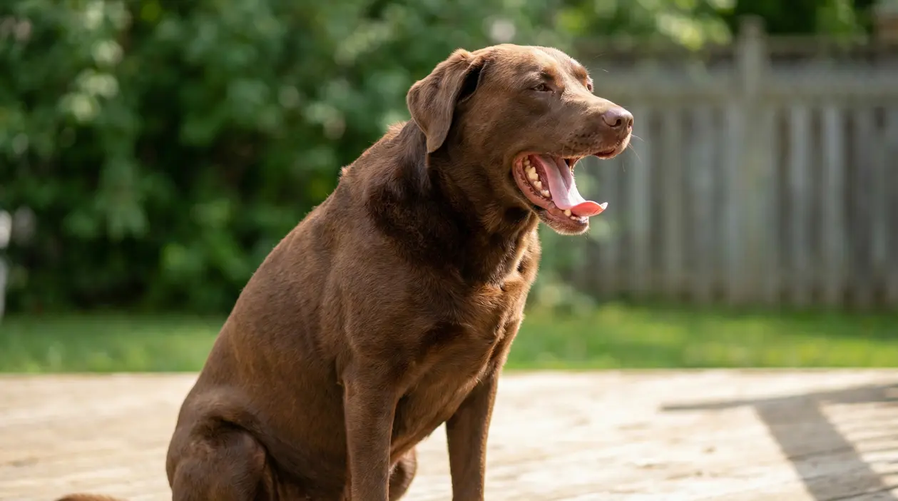 Cane marrone seduto all’aperto mentre sbadiglia, in un giardino soleggiato