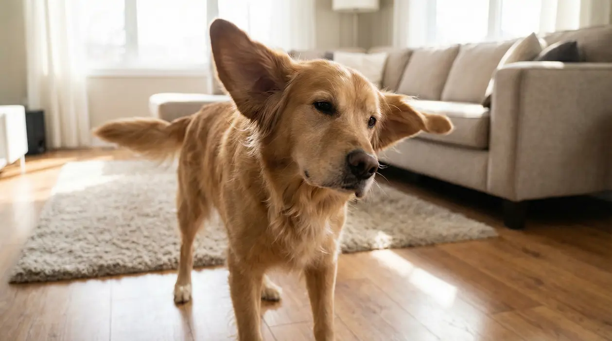 Cane in salotto mentre scuote la testa, possibile segnale di fastidio o problema alle orecchie