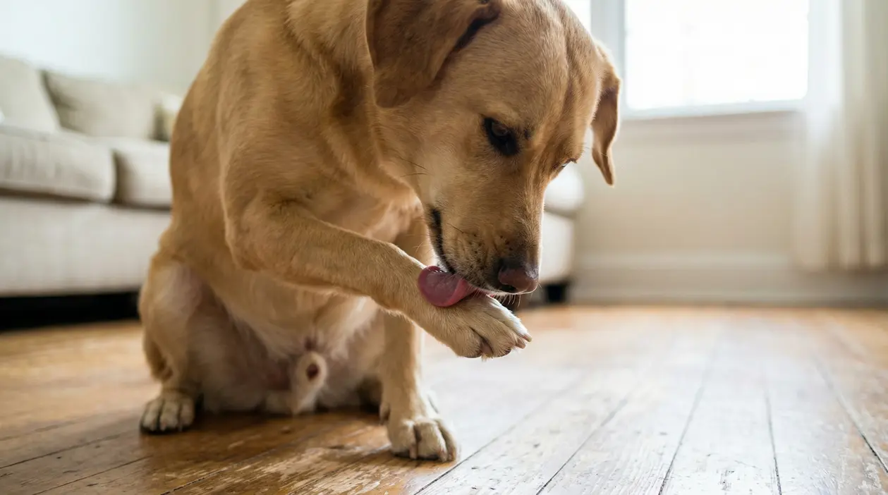Cane in casa che si lecca insistentemente una zampa anteriore, possibile segnale di fastidio o prurito