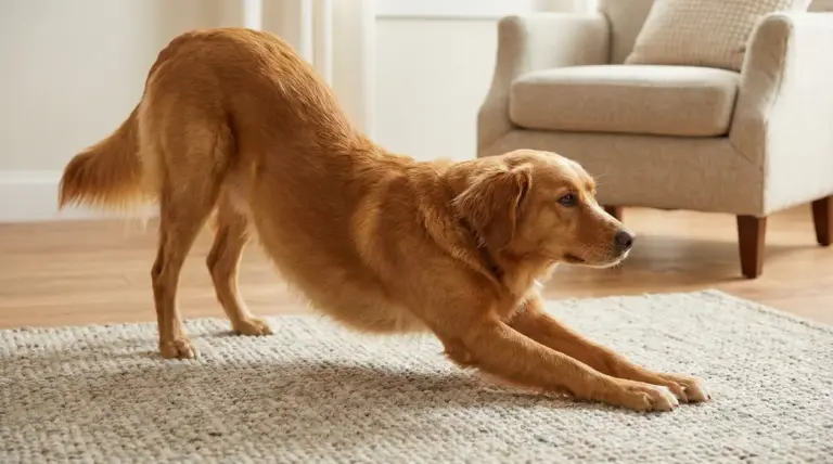 Cane in casa mentre si stira con le zampe anteriori allungate sul tappeto