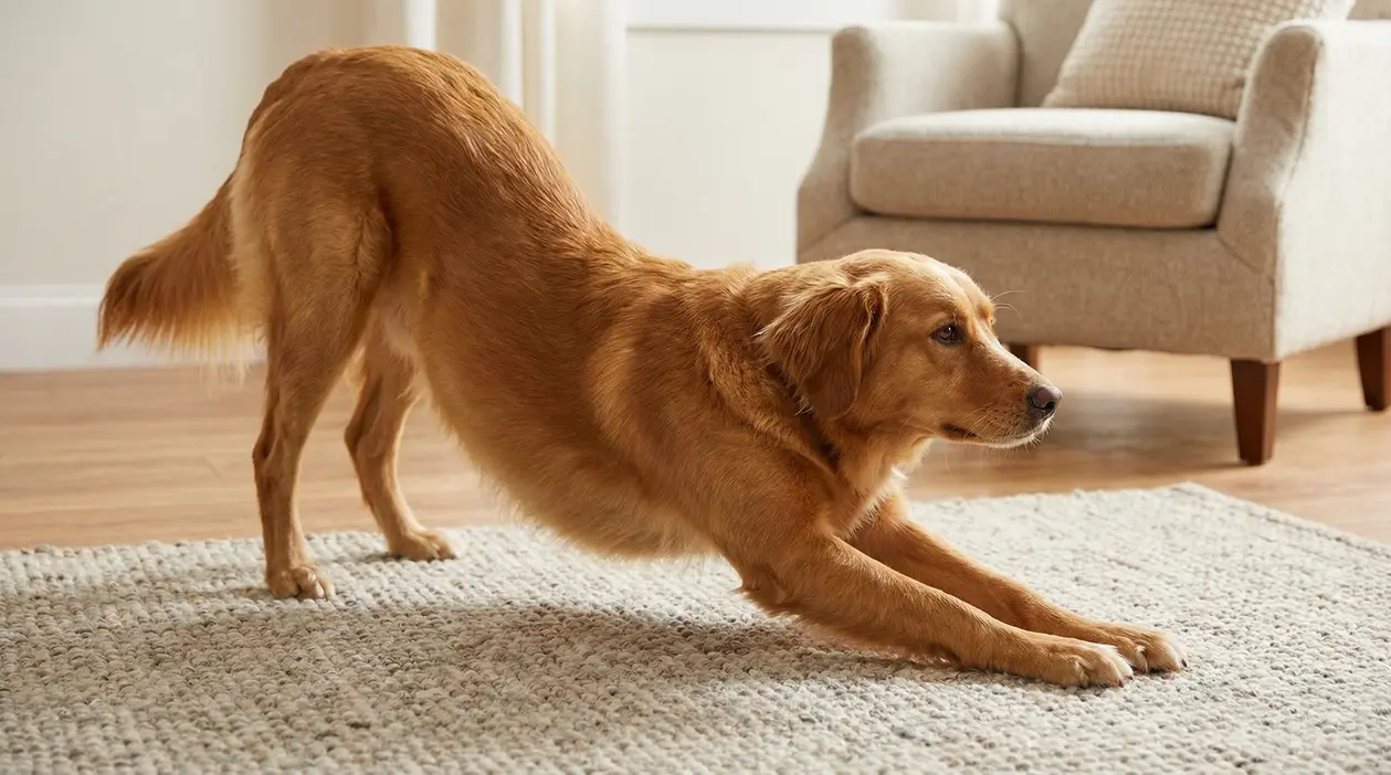 Cane in casa mentre si stira con le zampe anteriori allungate sul tappeto