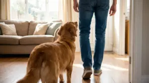 Cane in casa che segue una persona mentre cammina nel soggiorno