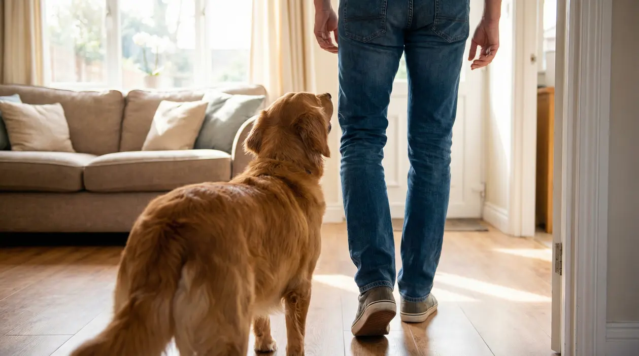 Cane in casa che segue una persona mentre cammina nel soggiorno