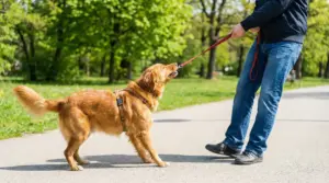 Cane al guinzaglio che tira durante una passeggiata al parco con il proprietario