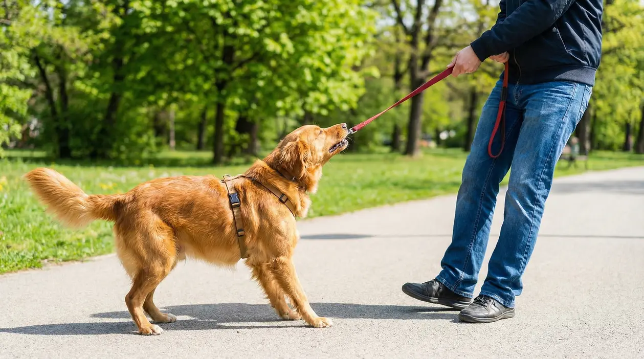 Cane al guinzaglio che tira durante una passeggiata al parco con il proprietario