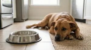 Cane sdraiato in cucina accanto alla ciotola, con aria abbattuta e poco appetito