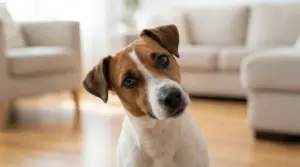 Cane in casa con la testa inclinata mentre osserva attentamente