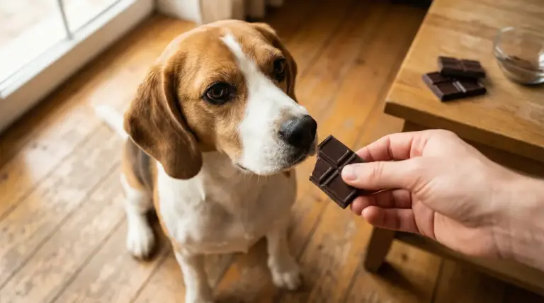 Cane di piccola taglia vicino a una mano che tiene un pezzo di cioccolato in casa
