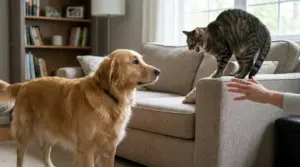 Cane e gatto in tensione in salotto mentre una persona cerca di calmarli