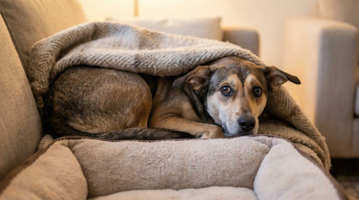 Cane rannicchiato sotto una coperta sul divano, spaventato dai rumori forti