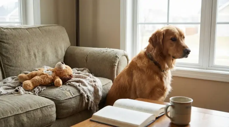 Cane seduto vicino alla finestra in salotto, da solo in casa accanto a divano e peluche