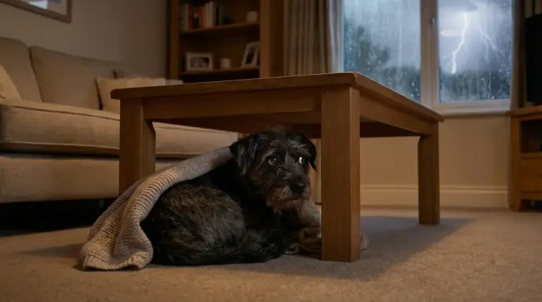 Cane impaurito nascosto sotto un tavolino durante un temporale in casa
