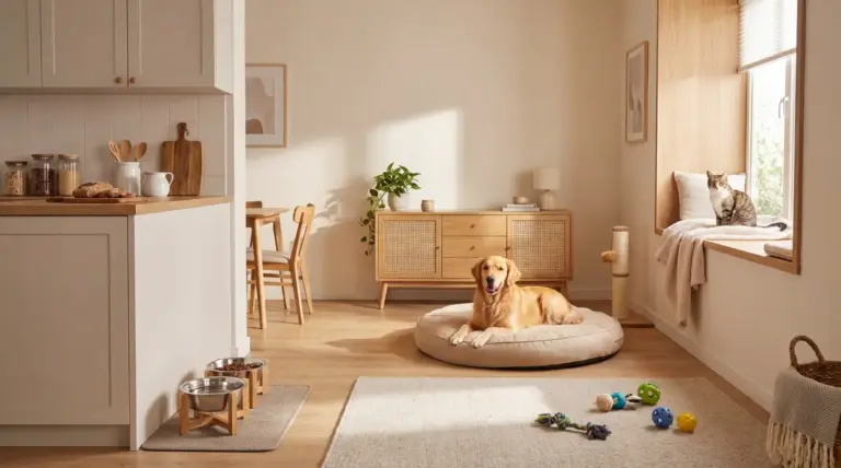 Soggiorno luminoso pet friendly con cane su cuccia, gatto alla finestra, ciotole tiragraffi e giochi