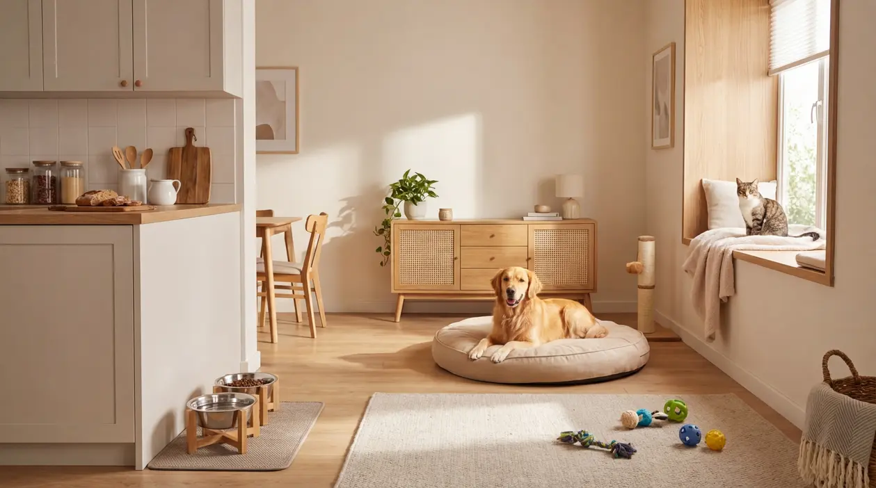 Soggiorno luminoso pet friendly con cane su cuccia, gatto alla finestra, ciotole tiragraffi e giochi