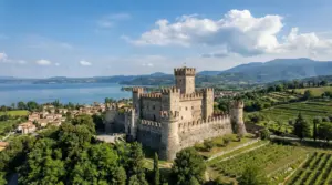 Castello medievale in pietra con torri merlate, circondato da vigneti e colline, con un lago sullo sfondo