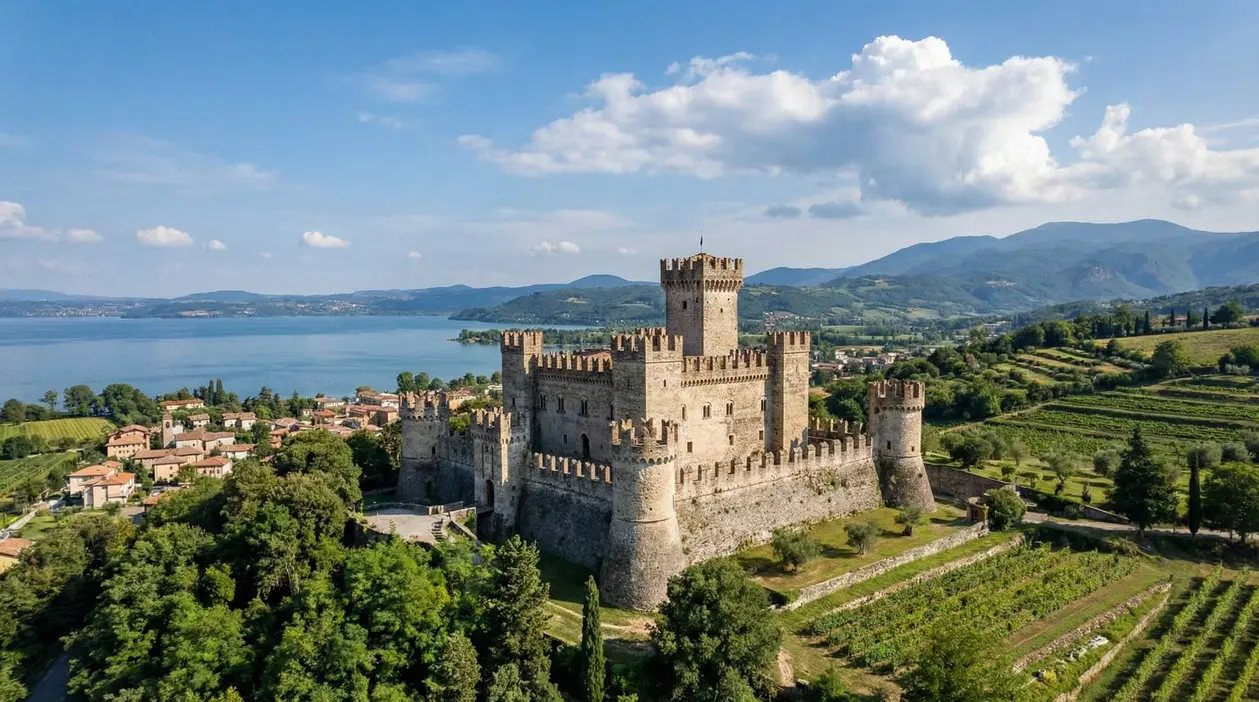 Castello medievale in pietra con torri merlate, circondato da vigneti e colline, con un lago sullo sfondo