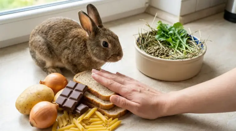 Coniglio accanto a cibi inadatti come pane, cioccolato, cipolle e patate, con fieno e verdure sullo sfondo