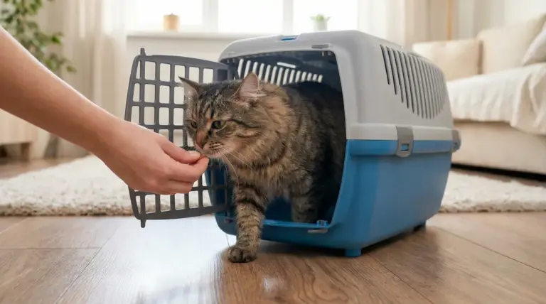 Gatto che esce dal trasportino in casa mentre una persona gli offre uno snack per farlo sentire al sicuro