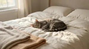 Gatto che dorme tranquillo su un letto con coperte morbide in una stanza luminosa