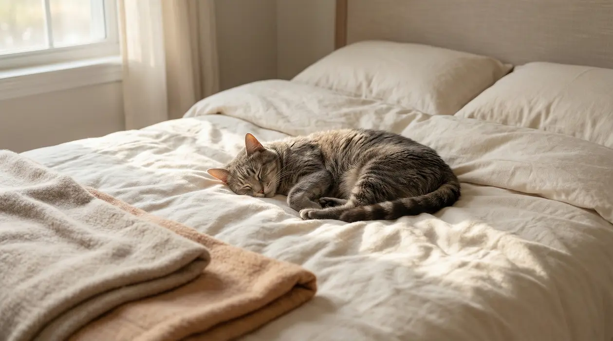 Gatto che dorme tranquillo su un letto con coperte morbide in una stanza luminosa