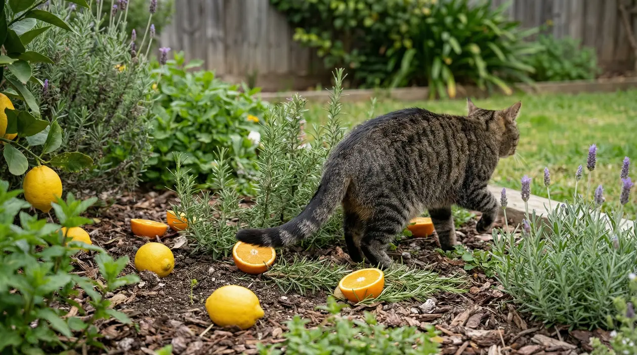 Gatto in giardino tra lavanda, rosmarino e agrumi usati come rimedio naturale repellente