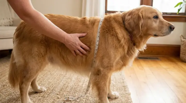 Persona misura il torace di un cane golden retriever per valutare il sovrappeso in casa