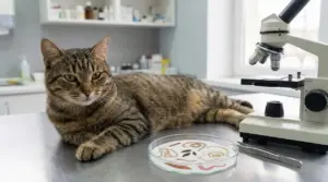 Gatto tigrato su un tavolo veterinario accanto a microscopio e campione per l’analisi dei vermi intestinali